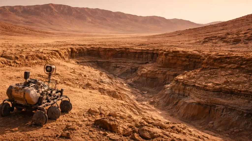 Le rover Perseverance avance dans le cratère Jezero sur Mars, face à des reliefs rocheux stratifiés qui évoquent un ancien paysage façonné par l’eau.