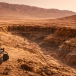 Le rover Perseverance avance dans le cratère Jezero sur Mars, face à des reliefs rocheux stratifiés qui évoquent un ancien paysage façonné par l’eau.