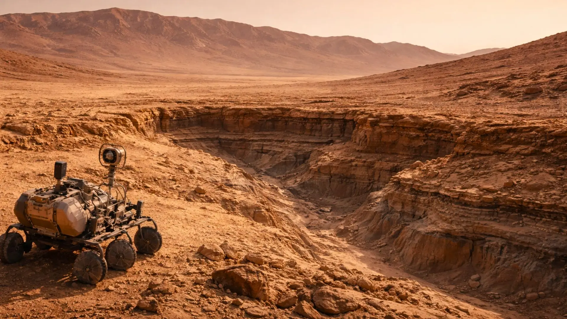 Le rover Perseverance avance dans le cratère Jezero sur Mars, face à des reliefs rocheux stratifiés qui évoquent un ancien paysage façonné par l’eau.