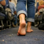 Passager marchant pieds nus dans l’allée d’un avion en cabine