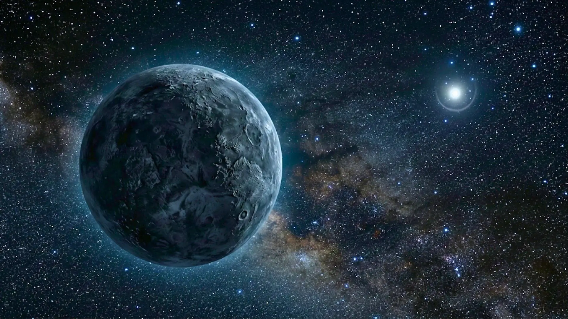 Une planète sombre et solitaire dérive dans l’espace interstellaire, tandis qu’une étoile lointaine paraît brièvement amplifiée par un effet de microlentille gravitationnelle.