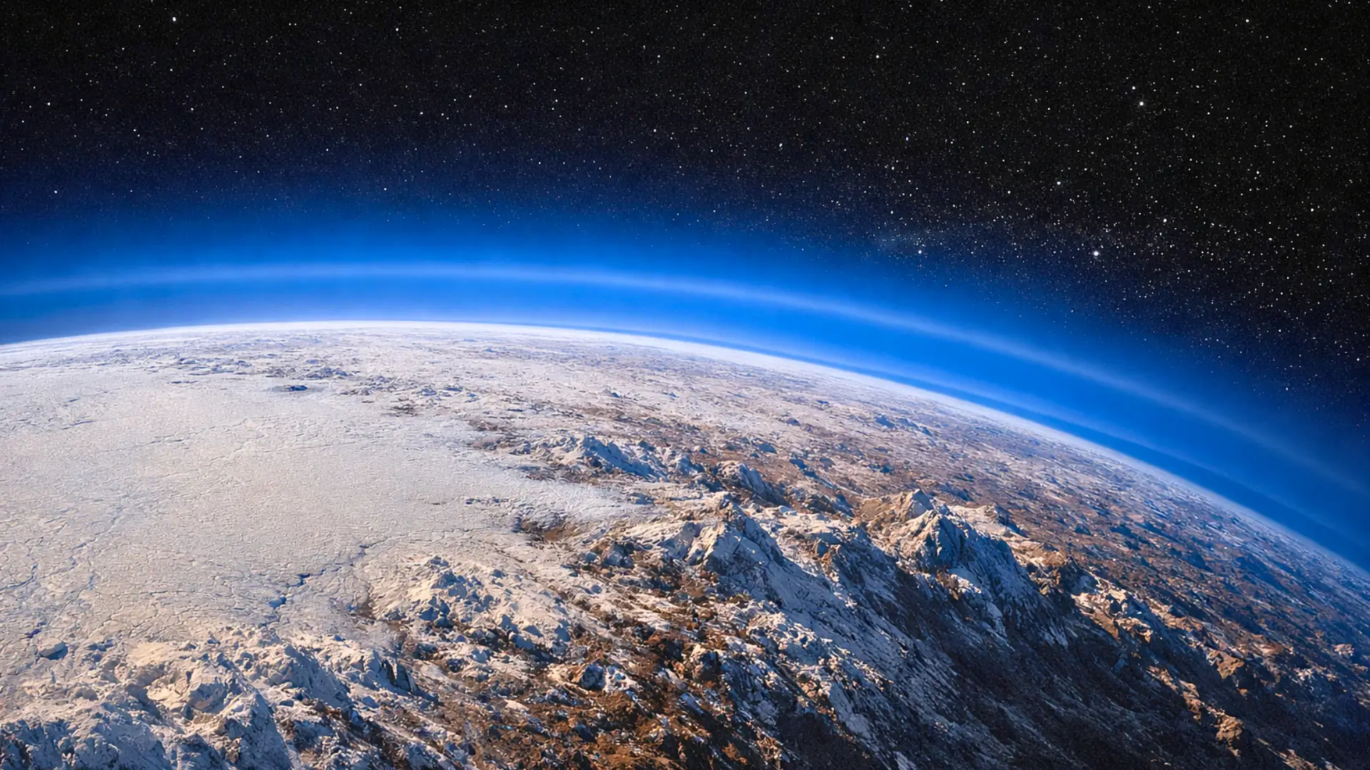 Pluton vue depuis l’espace avec une fine brume bleutée s’élevant au-dessus de sa surface glacée et de ses plaines d’azote gelé.