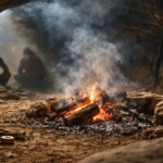 Un feu allumé dans une grotte préhistorique dégage une épaisse fumée, tandis que des silhouettes humaines floues restent en arrière-plan sans visage visible.