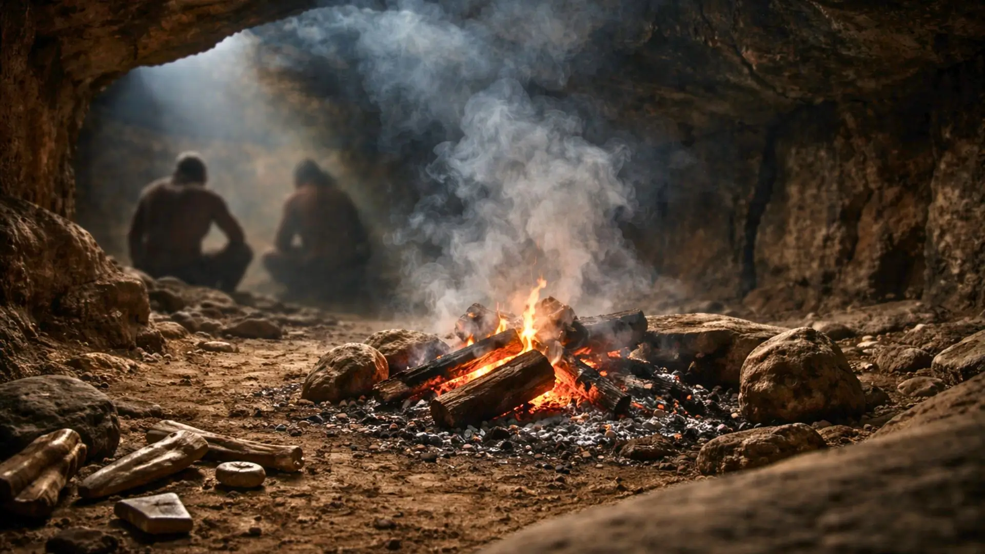 Un feu allumé dans une grotte préhistorique dégage une épaisse fumée, tandis que des silhouettes humaines floues restent en arrière-plan sans visage visible.