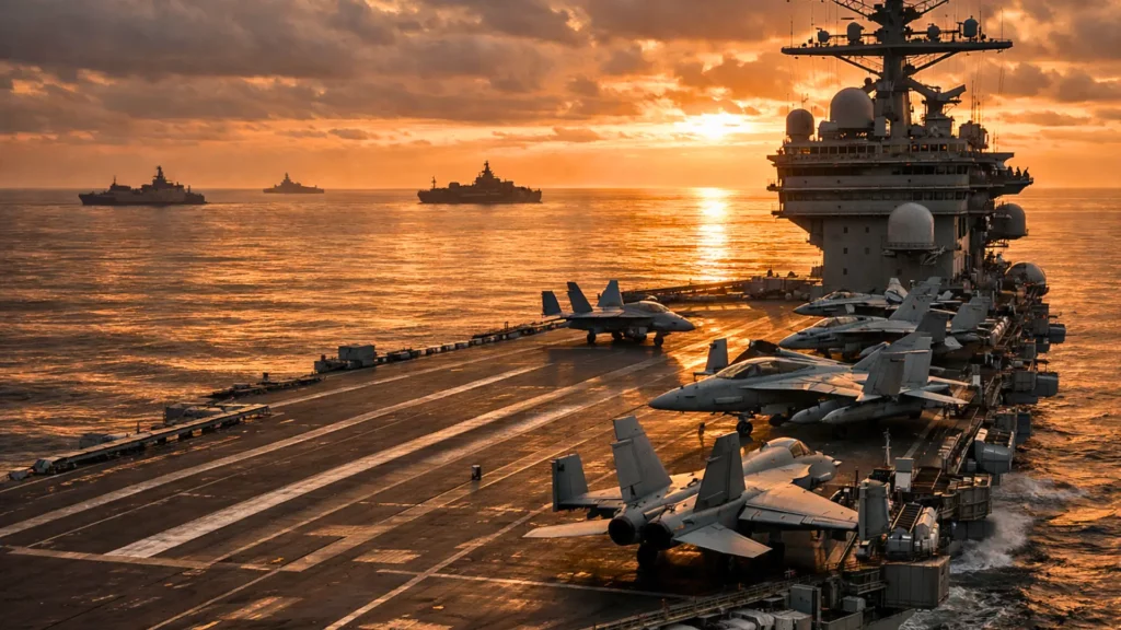 Un porte-avions nucléaire américain navigue dans l’océan Pacifique tandis que plusieurs navires de guerre chinois apparaissent à l’horizon.