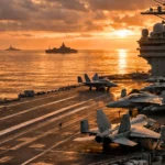 Un porte-avions nucléaire américain navigue dans l’océan Pacifique tandis que plusieurs navires de guerre chinois apparaissent à l’horizon.