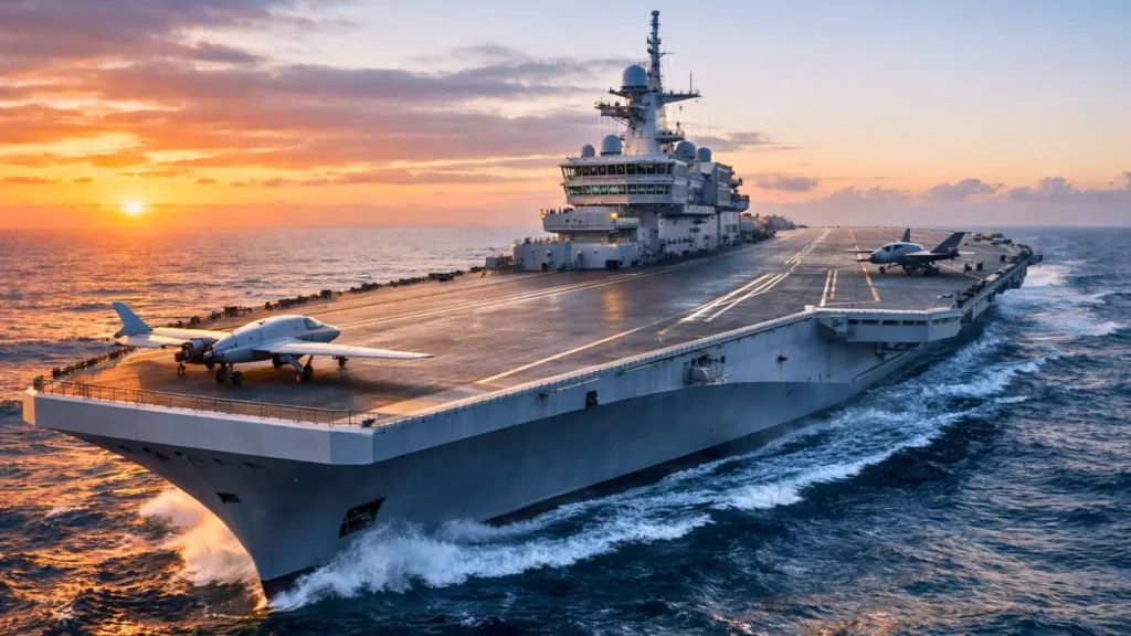 Le futur porte-avions français France Libre navigue en mer à l’aube, avec un drone et un avion de combat stationnés sur son vaste pont.