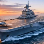 Le futur porte-avions français France Libre navigue en mer à l’aube, avec un drone et un avion de combat stationnés sur son vaste pont.