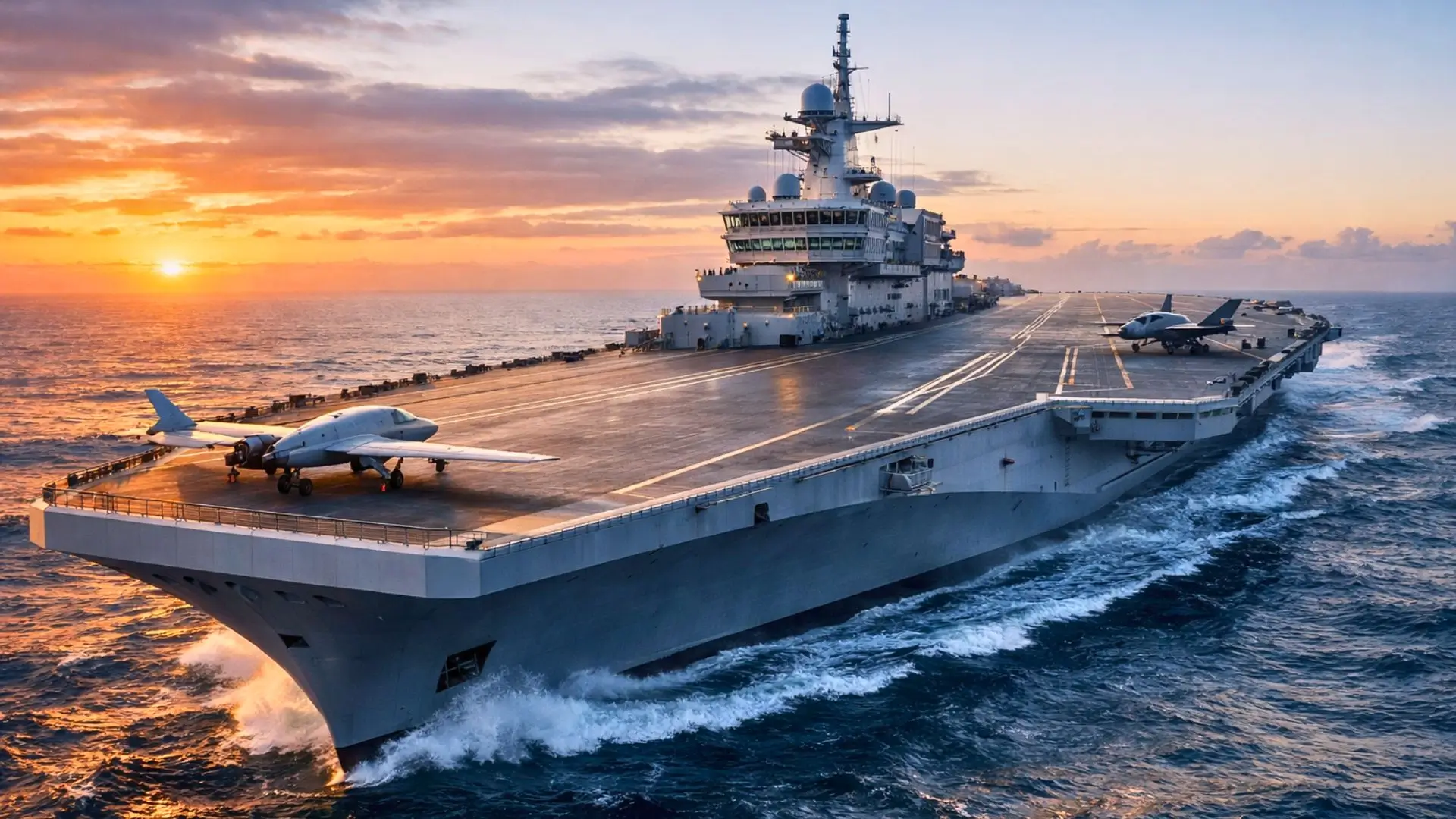 Le futur porte-avions français France Libre navigue en mer à l’aube, avec un drone et un avion de combat stationnés sur son vaste pont.
