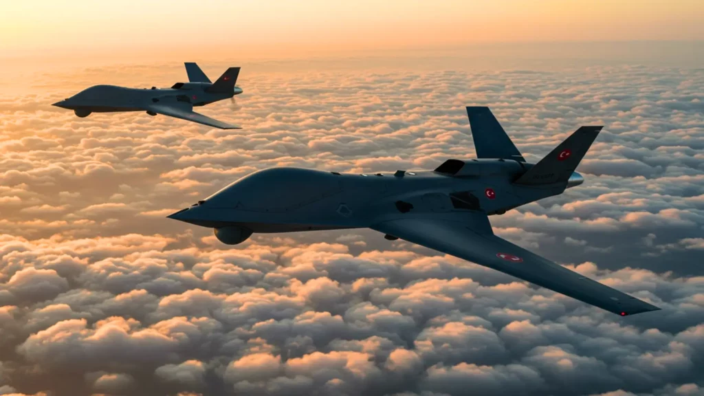 Deux drones de combat turcs Kizilelma volant en formation serrée au-dessus des nuages sans pilote
