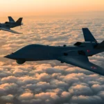 Deux drones de combat turcs Kizilelma volant en formation serrée au-dessus des nuages sans pilote
