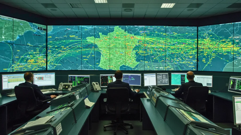 Salle de contrôle aérien en France affichant une carte dense des trajectoires de vols sur l’ensemble du territoire