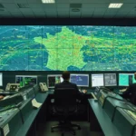 Salle de contrôle aérien en France affichant une carte dense des trajectoires de vols sur l’ensemble du territoire