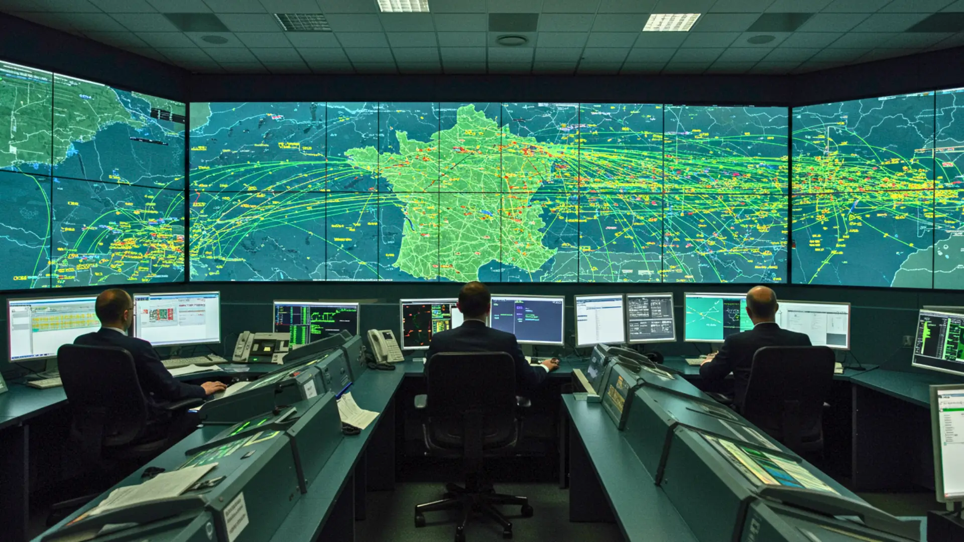 Salle de contrôle aérien en France affichant une carte dense des trajectoires de vols sur l’ensemble du territoire