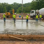 Ouvriers coulant une dalle de béton sur un chantier avec un camion toupie et un système de cure du béton
