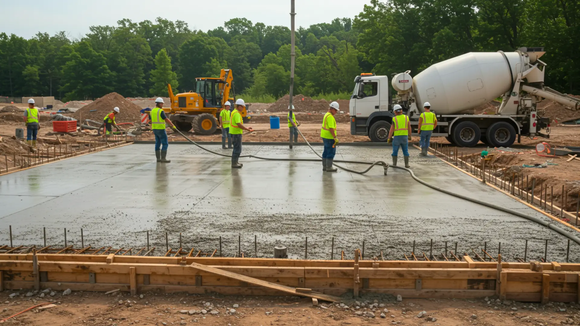 Ouvriers coulant une dalle de béton sur un chantier avec un camion toupie et un système de cure du béton