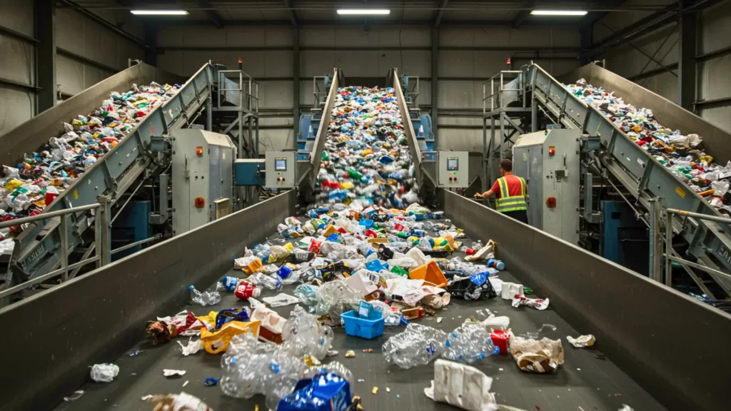 centre de tri industriel avec tapis roulant transportant des déchets plastiques à recycler