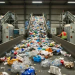 centre de tri industriel avec tapis roulant transportant des déchets plastiques à recycler