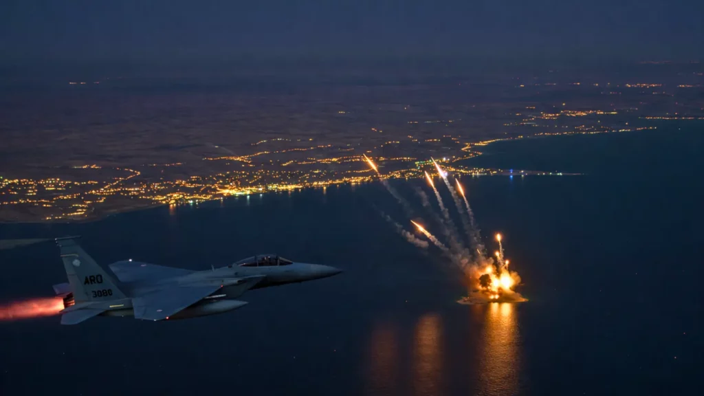 Chasseur qatarien interceptant des bombardiers iraniens près de la base d’Al-Udeid au-dessus du Golfe, explosion en mer de nuit