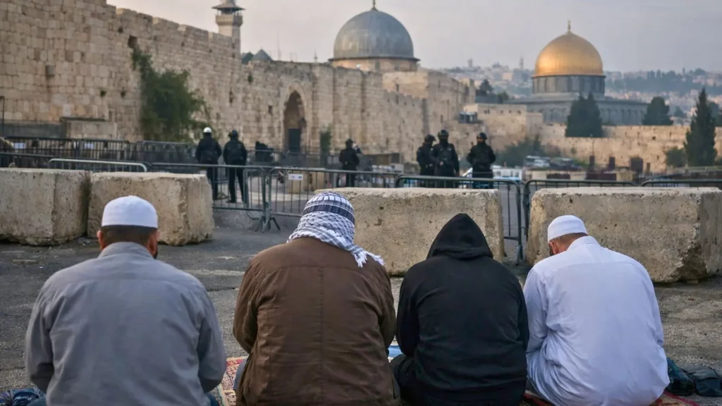 Des fidèles prient à l’aube près des remparts de Jérusalem, devant une zone fermée menant vers Al-Aqsa, sous surveillance à distance.