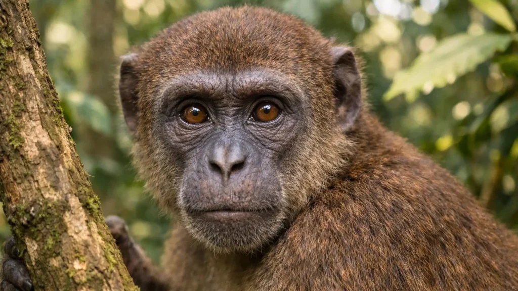 Portrait rapproché d’un primate du Miocène inférieur, au regard brun ambré, perché près d’un tronc dans une forêt tropicale préhistorique.