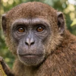 Portrait rapproché d’un primate du Miocène inférieur, au regard brun ambré, perché près d’un tronc dans une forêt tropicale préhistorique.