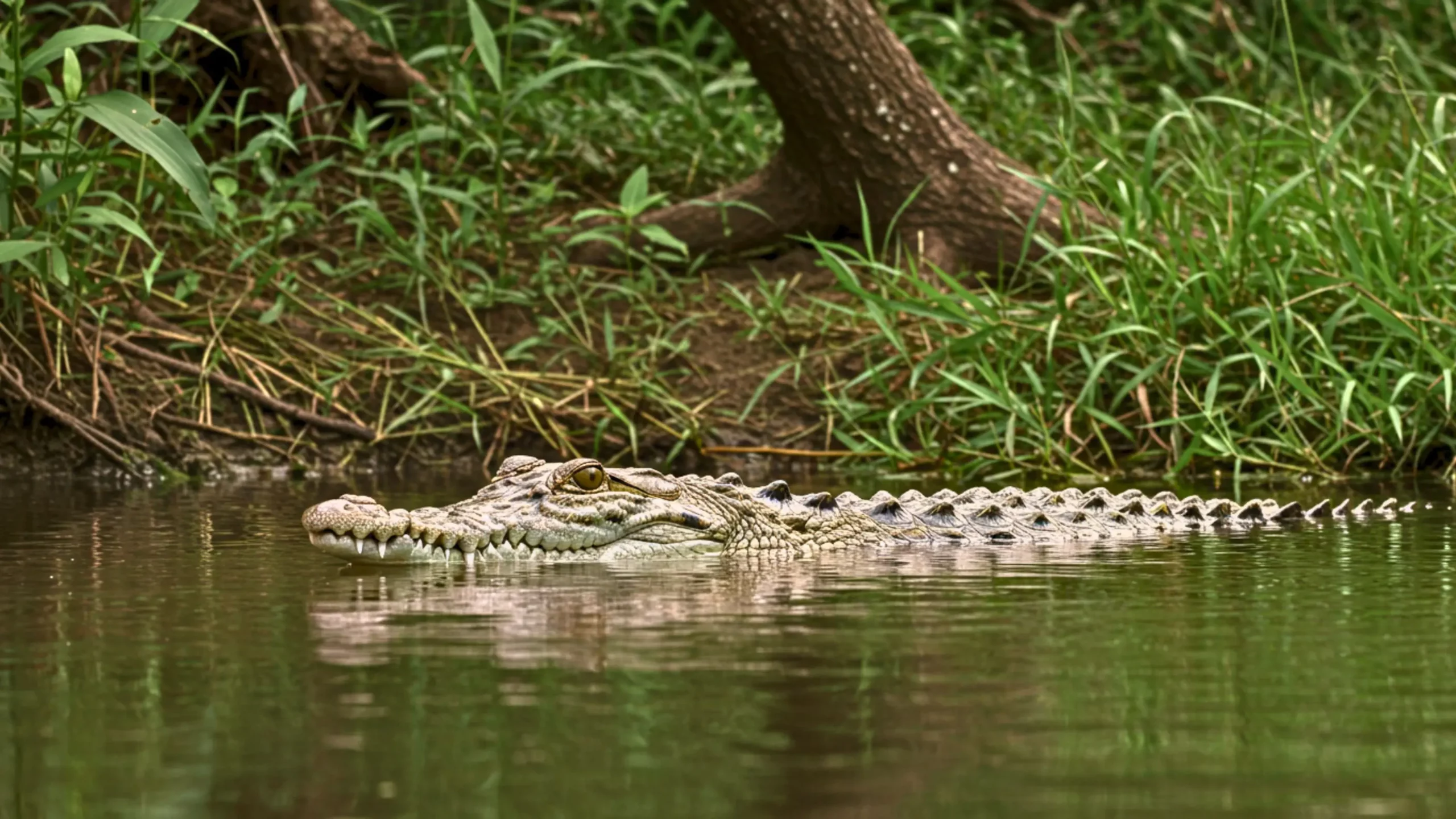Crocodile des Philippines nageant à la surface d’une rivière entourée de végétation tropicale