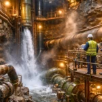 Ingénieurs surveillant un système hydraulique dans une ancienne mine transformée en stockage d’énergie