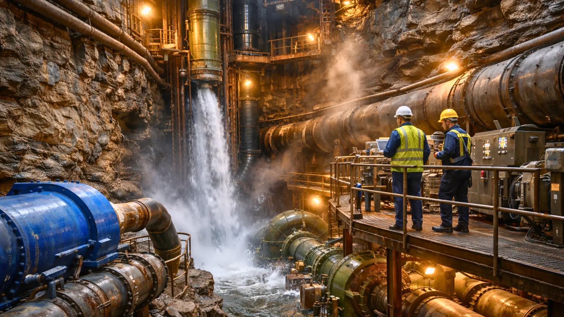 Ingénieurs surveillant un système hydraulique dans une ancienne mine transformée en stockage d’énergie