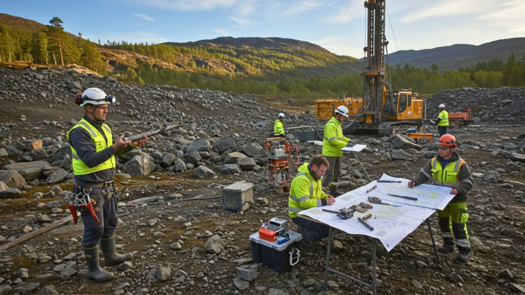 Équipe de géologues et ingénieurs travaillant sur un site d’exploration minière de terres rares en Norvège avec une foreuse et des plans d’étude.