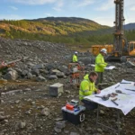 Équipe de géologues et ingénieurs travaillant sur un site d’exploration minière de terres rares en Norvège avec une foreuse et des plans d’étude.