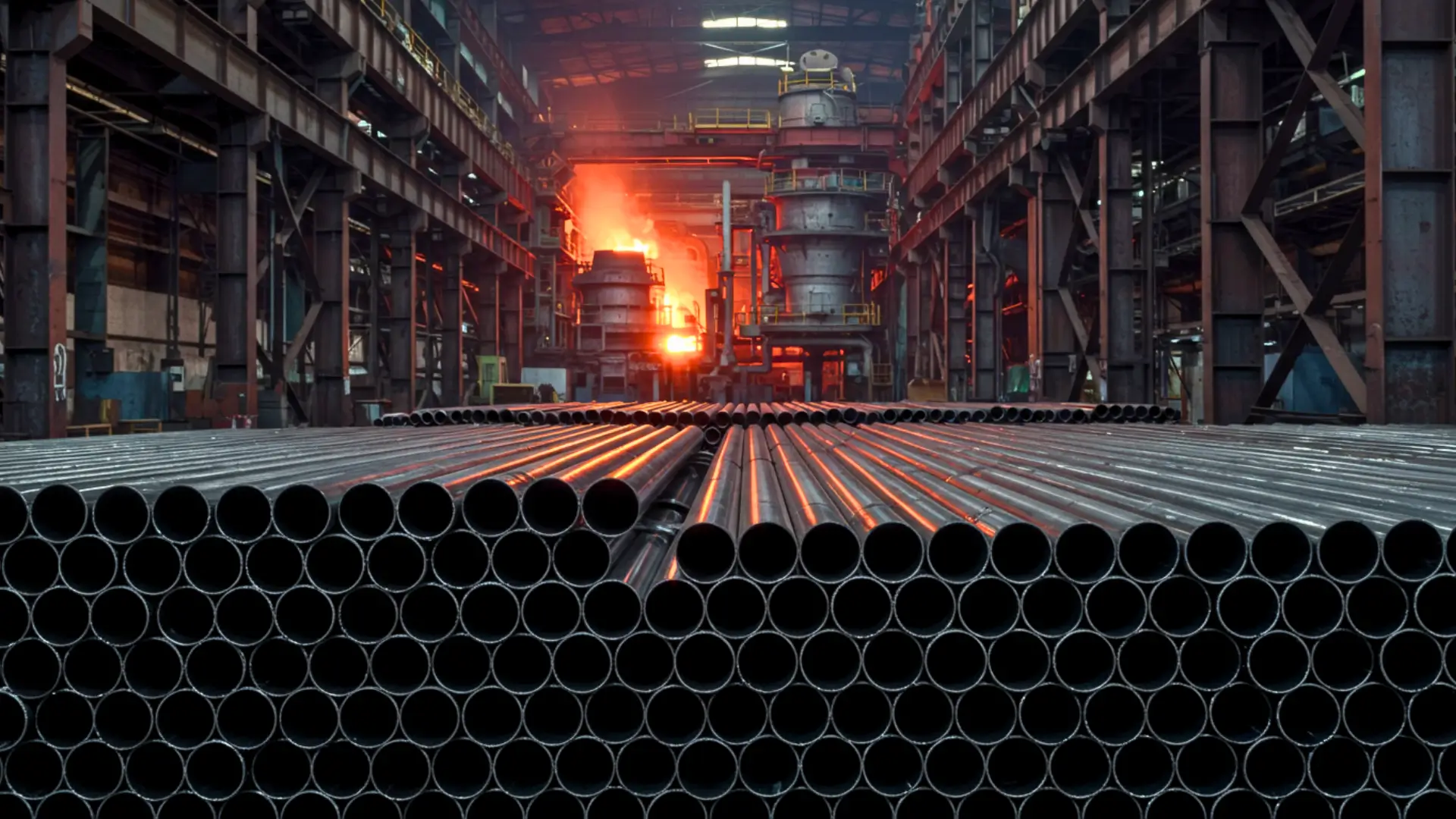 Tubes en acier alignés dans une aciérie avec un haut fourneau en fusion en arrière-plan