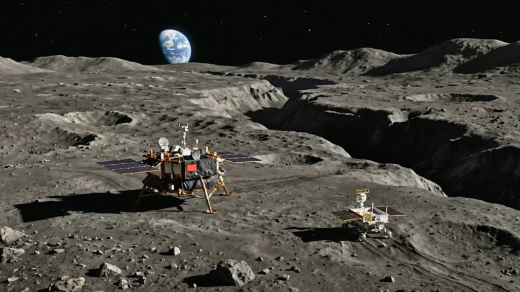 Paysage volcanique de la région lunaire de Rimae Bode avec un module chinois et un rover posés sur une zone d’alunissage plate.