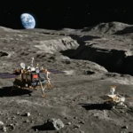 Paysage volcanique de la région lunaire de Rimae Bode avec un module chinois et un rover posés sur une zone d’alunissage plate.