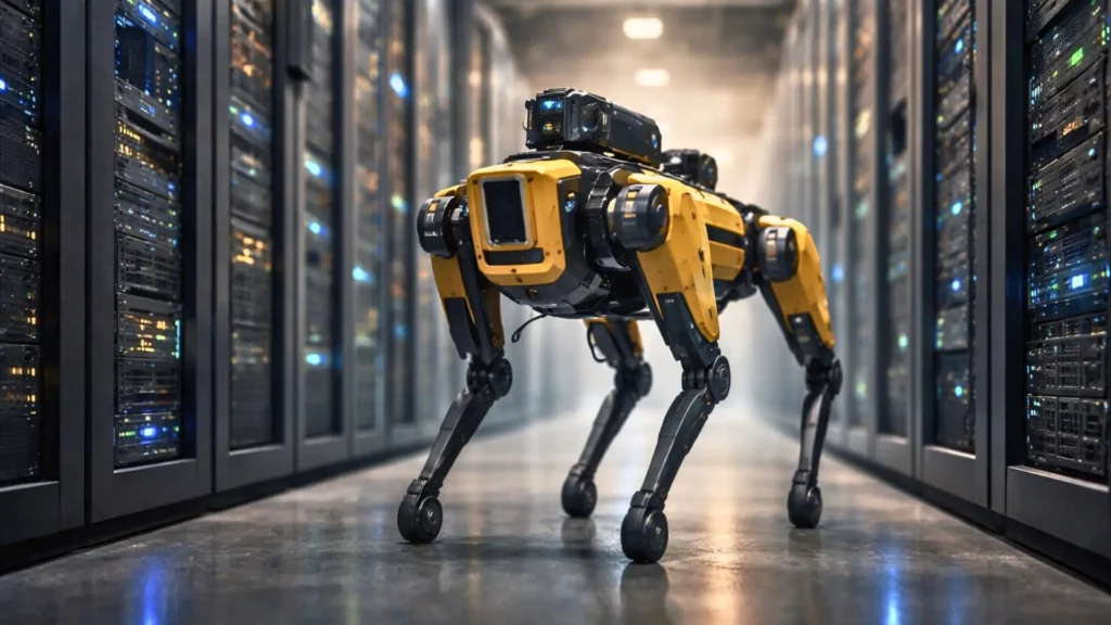 Un robot-chien autonome patrouille dans l’allée d’un data center, entre des rangées de serveurs, pour inspecter les équipements.