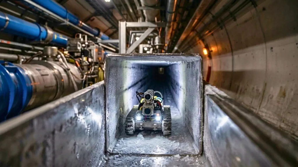 Un petit robot d’inspection autonome circule dans une conduite métallique gelée du Grand collisionneur de hadrons (LHC) au CERN.