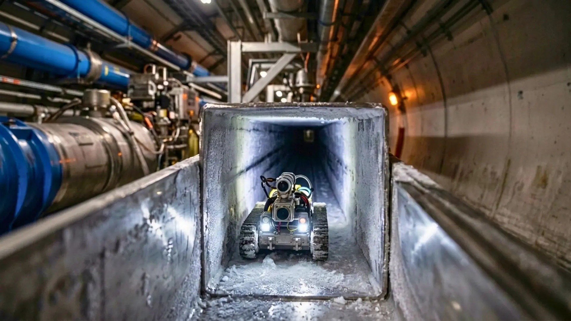 Un petit robot d’inspection autonome circule dans une conduite métallique gelée du Grand collisionneur de hadrons (LHC) au CERN.