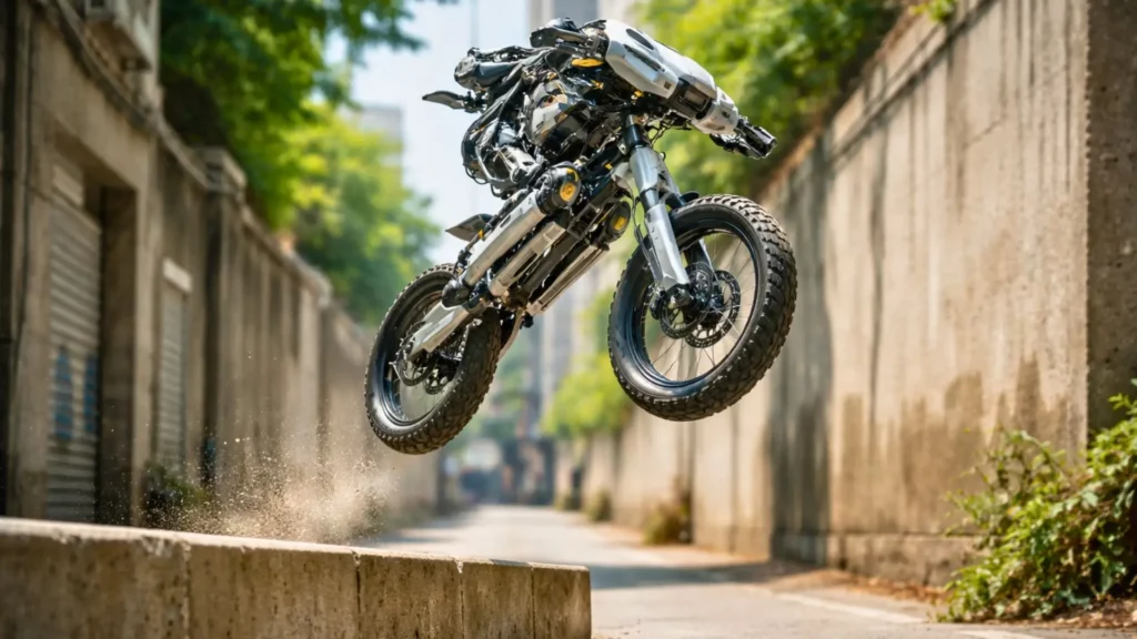 Un robot à deux roues de type vélo saute au-dessus d’un obstacle en béton dans un passage urbain étroit.