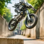 Un robot à deux roues de type vélo saute au-dessus d’un obstacle en béton dans un passage urbain étroit.