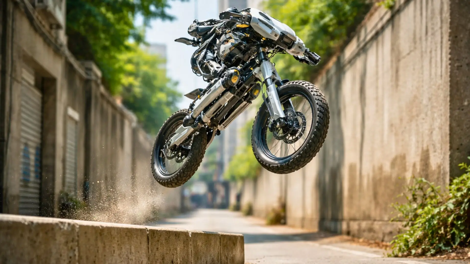 Un robot à deux roues de type vélo saute au-dessus d’un obstacle en béton dans un passage urbain étroit.