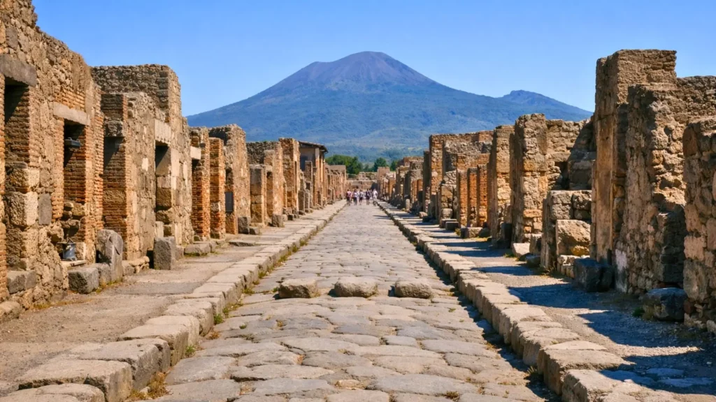 Vue large photoréaliste des ruines antiques de Pompéi, avec une rue pavée menant vers le Vésuve sous un ciel bleu clair.