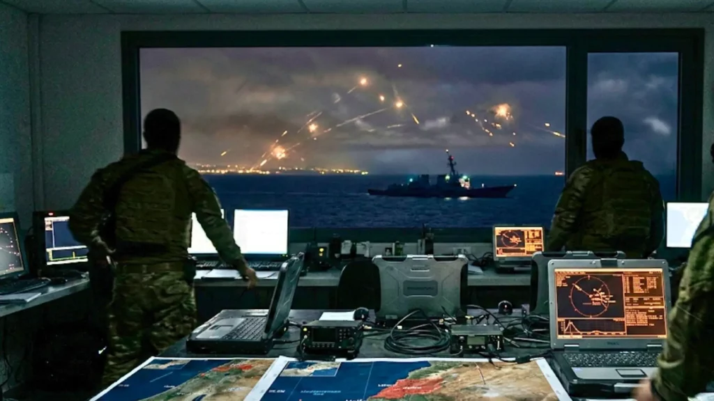 Écrans de surveillance militaire affichant une carte du Moyen-Orient, des cibles stratégiques et un navire en opération de nuit.