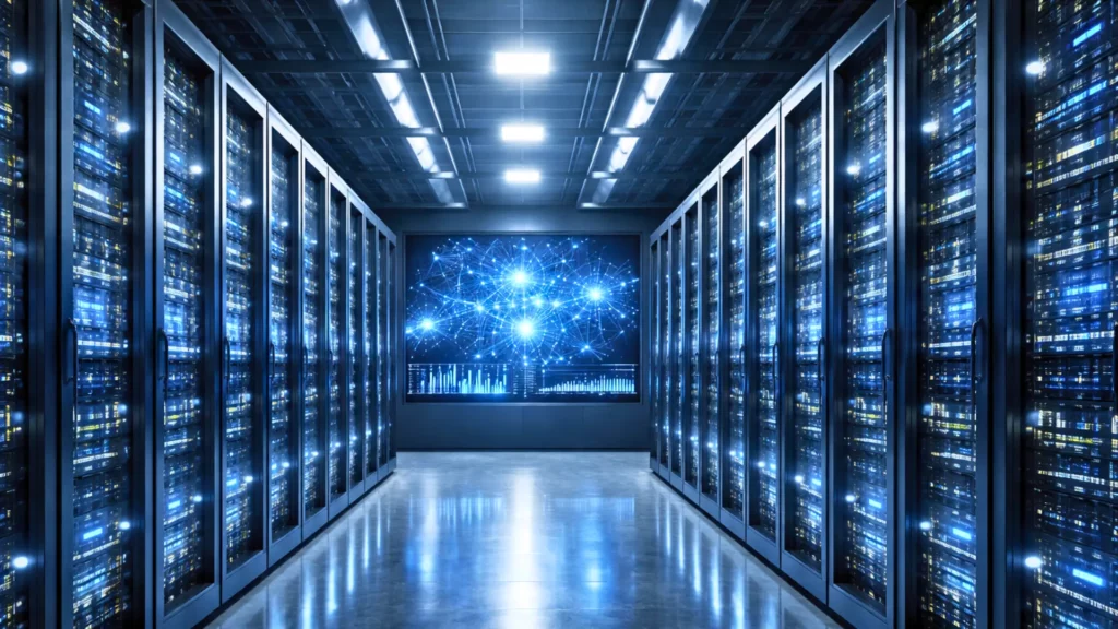 Centre de données haute sécurité avec serveurs informatiques et visualisation d’un réseau d’intelligence artificielle interconnecté.