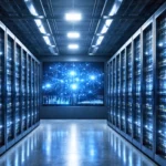 Centre de données haute sécurité avec serveurs informatiques et visualisation d’un réseau d’intelligence artificielle interconnecté.