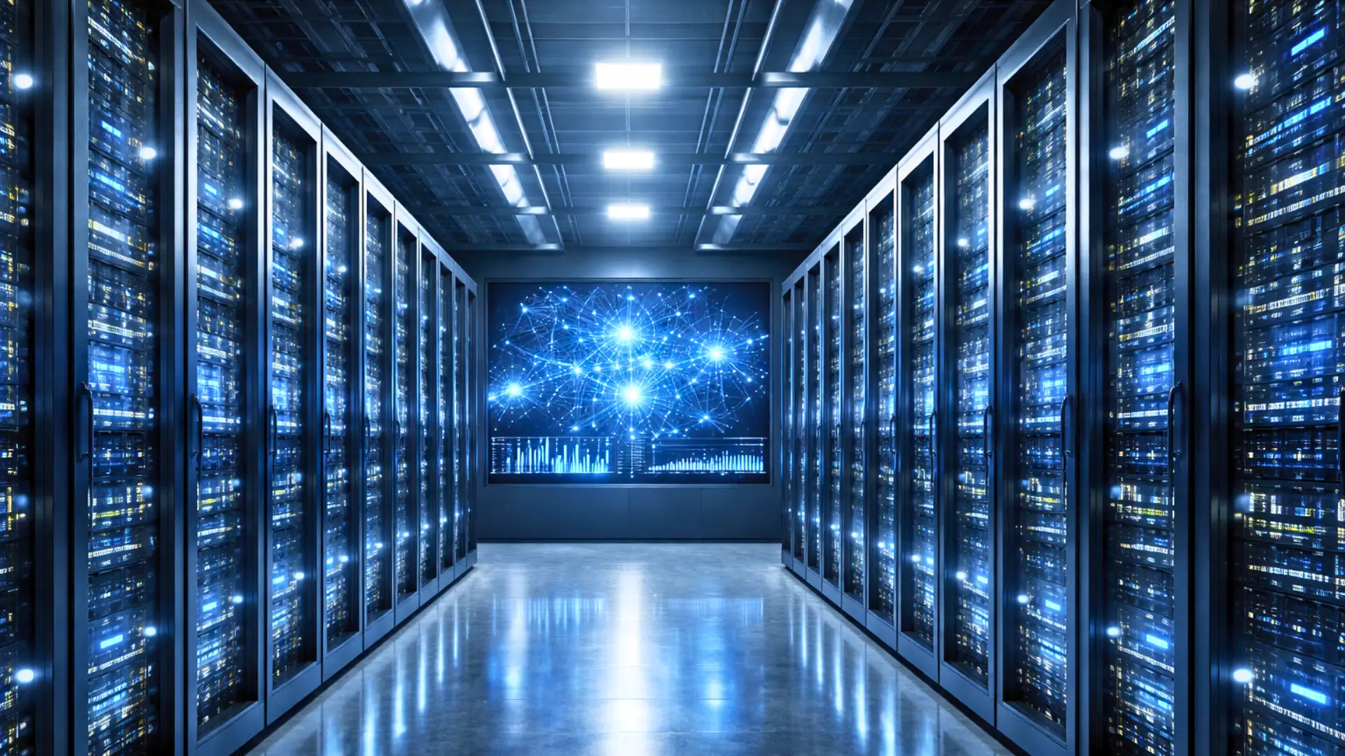 Centre de données haute sécurité avec serveurs informatiques et visualisation d’un réseau d’intelligence artificielle interconnecté.
