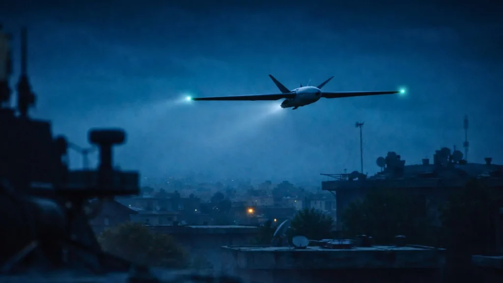 Un drone d’attaque de type Shahed-101 vole de nuit à basse altitude au-dessus de toits urbains, dans une scène sombre et discrète.