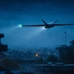 Un drone d’attaque de type Shahed-101 vole de nuit à basse altitude au-dessus de toits urbains, dans une scène sombre et discrète.