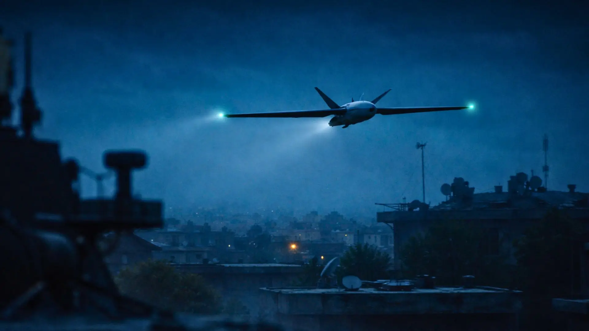 Un drone d’attaque de type Shahed-101 vole de nuit à basse altitude au-dessus de toits urbains, dans une scène sombre et discrète.
