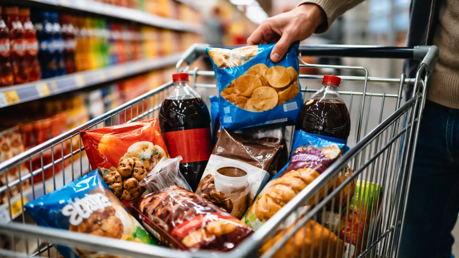 Chariot de supermarché rempli de snacks, chips, biscuits et bouteilles de soda illustrant les achats impulsifs dans les courses alimentaires.