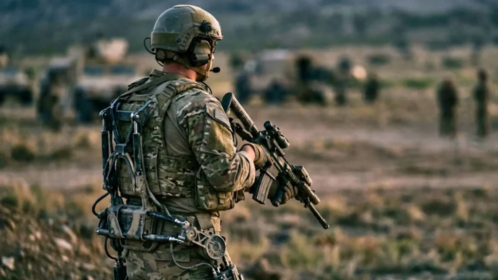 Un soldat équipé d’un exosquelette et d’un casque immersif se tient de dos sur un terrain d’entraînement militaire.